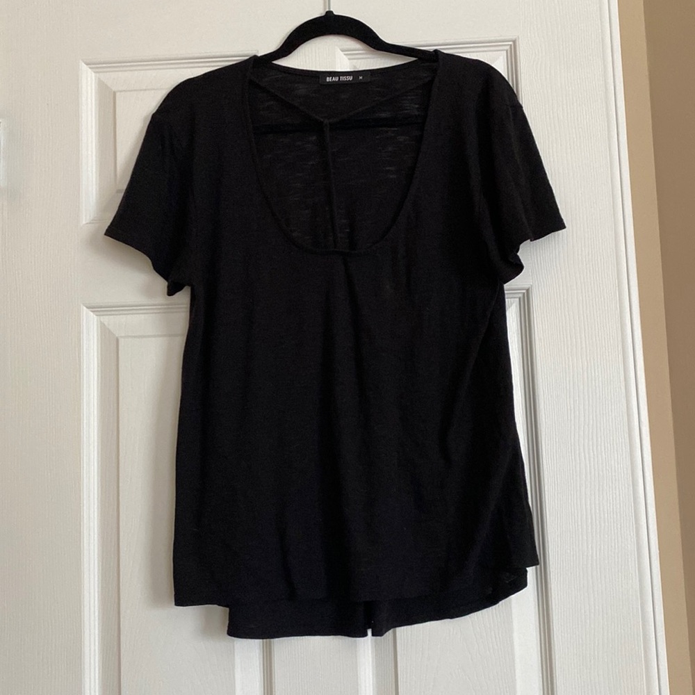 Beau Tissu Black T Shirt with Open T Front
